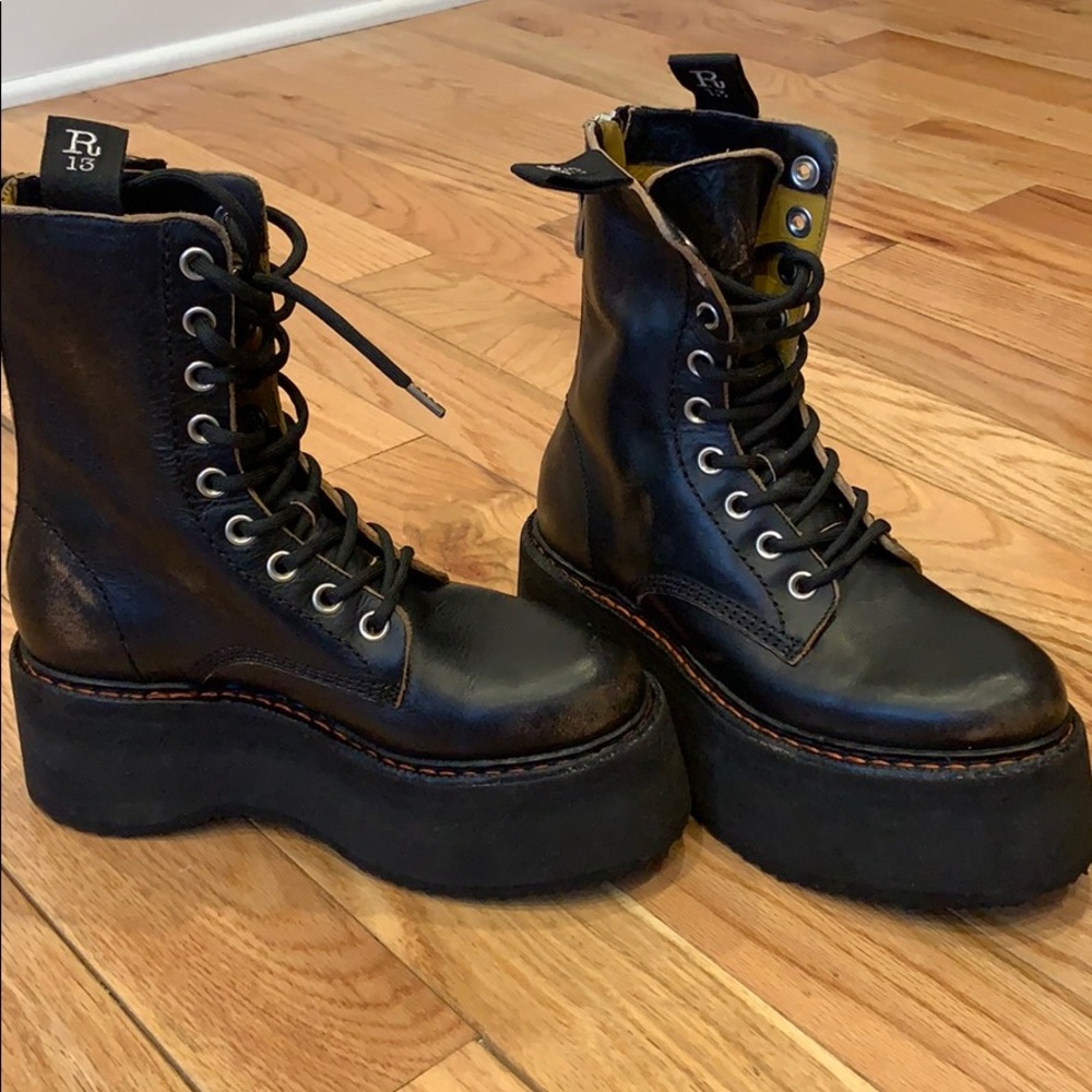 R13 Distressed leather platform combat boots